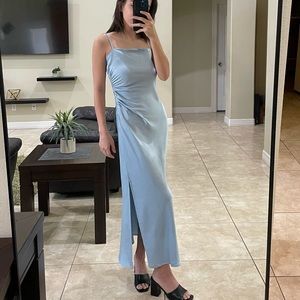 NWOT House of Harlow 1960 Light Blue Satin Slip Ruched Gown Dress W/ Side Slit